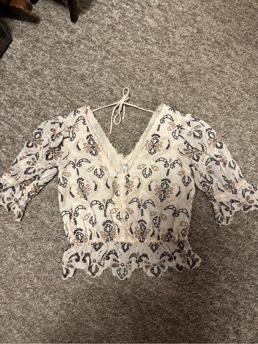 Anthropologie Cream Embroidered Tie-Back Peasant Blouse